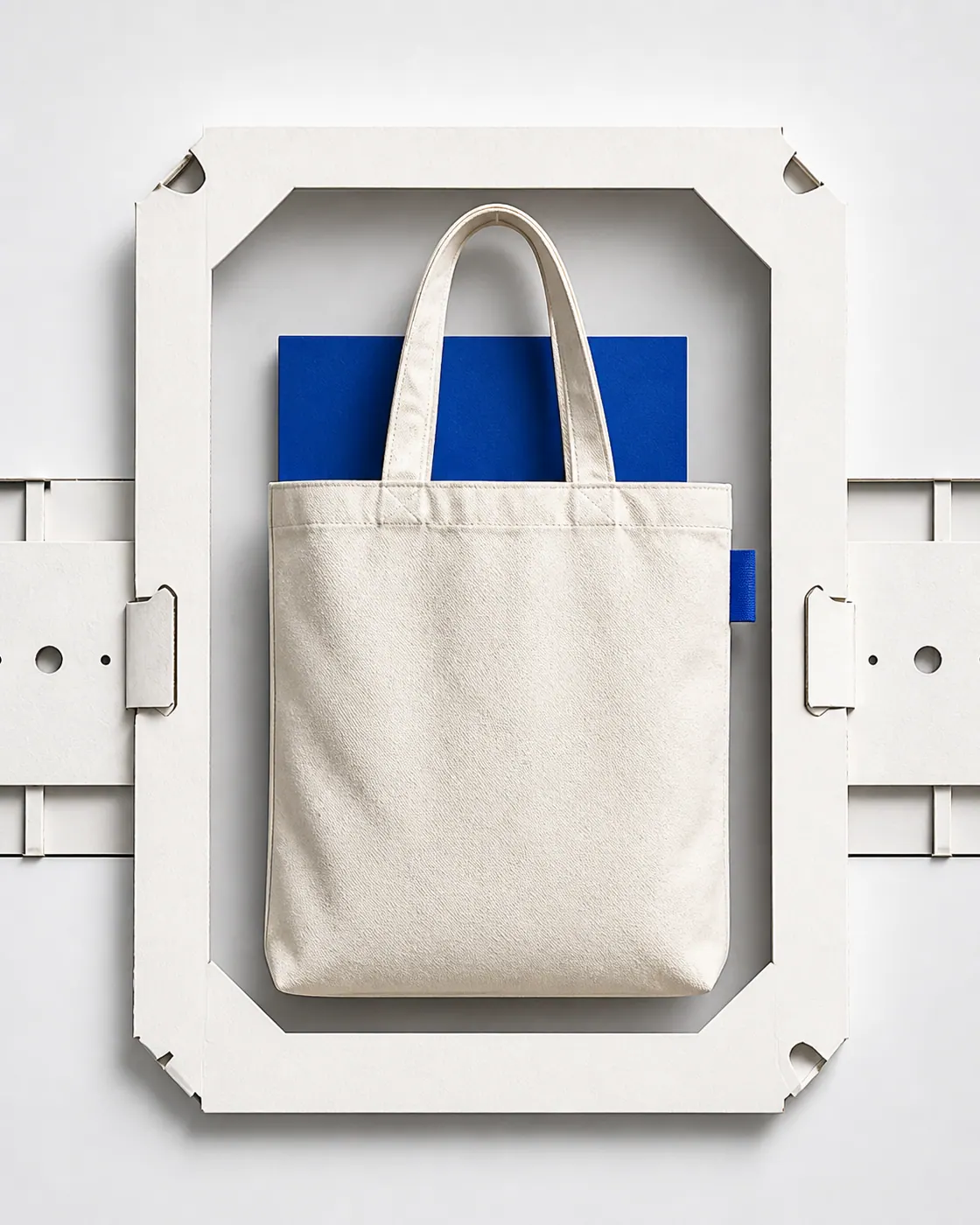 Blank natural canvas tote bag held in a silver paper sample carrier