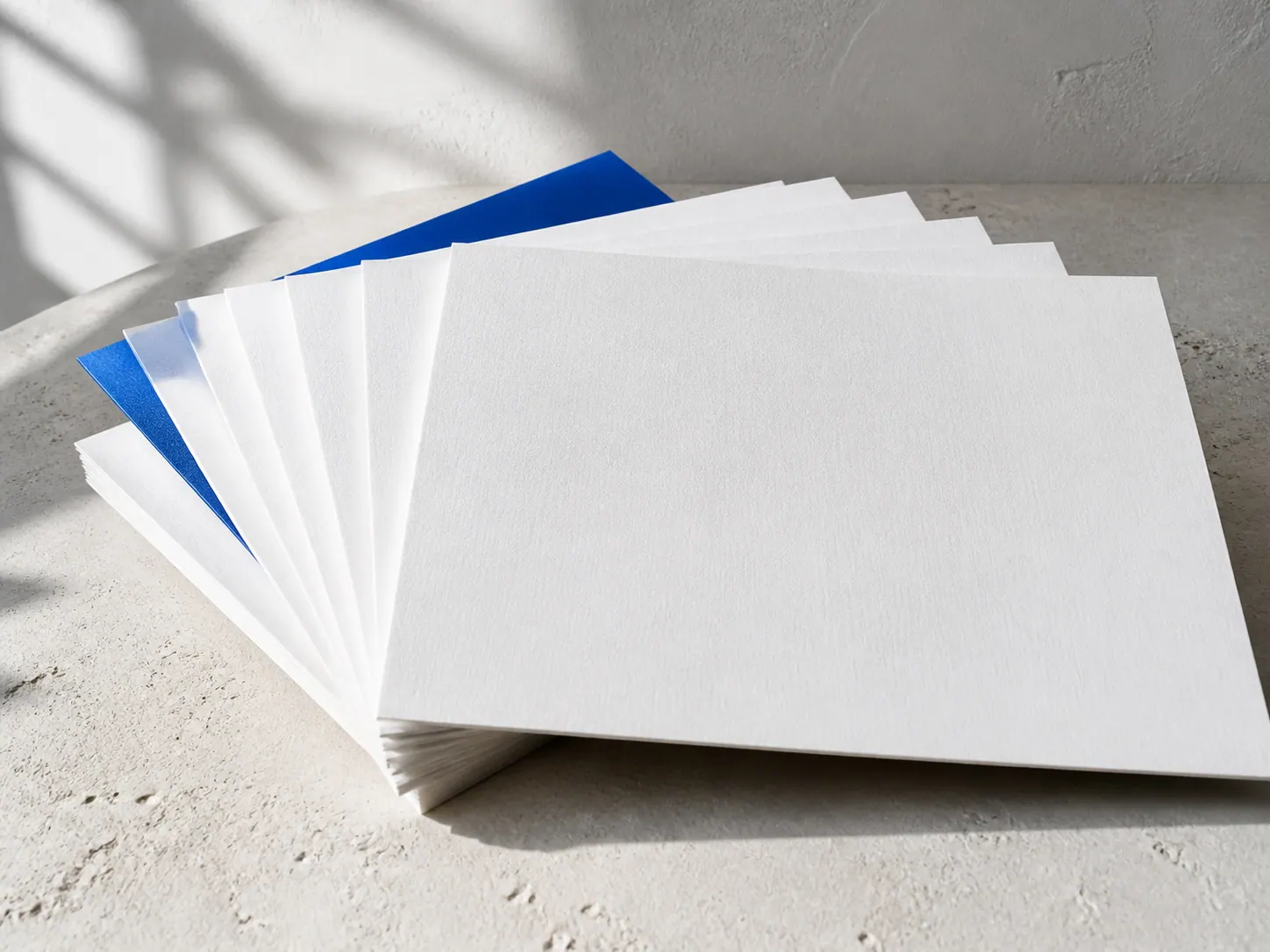 Fanned stack of blank uncoated postcards with one cobalt blue card ready for custom printing